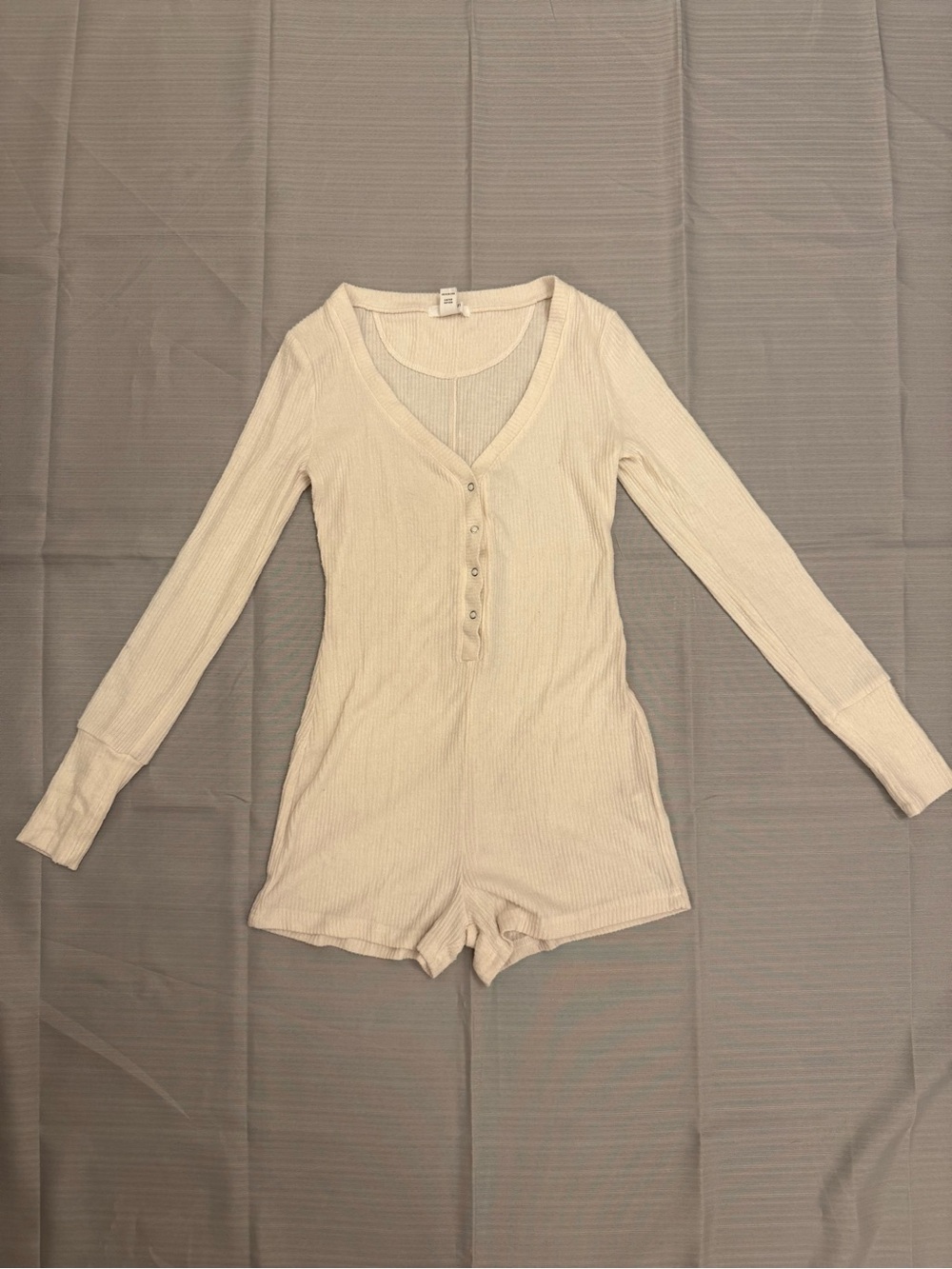 Forever 21 Cream Ribbed Long-Sleeve Henley Romper